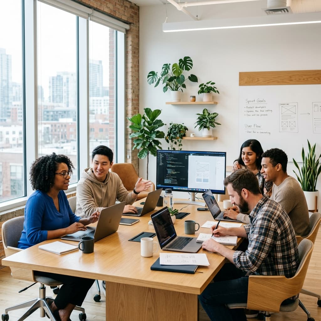 A modern, diverse team of software developers and designers collaborating in a bright, sleek startup office